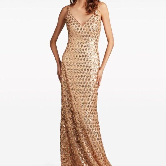 Tadashi Shoji Gold Sequined Diamond Gown